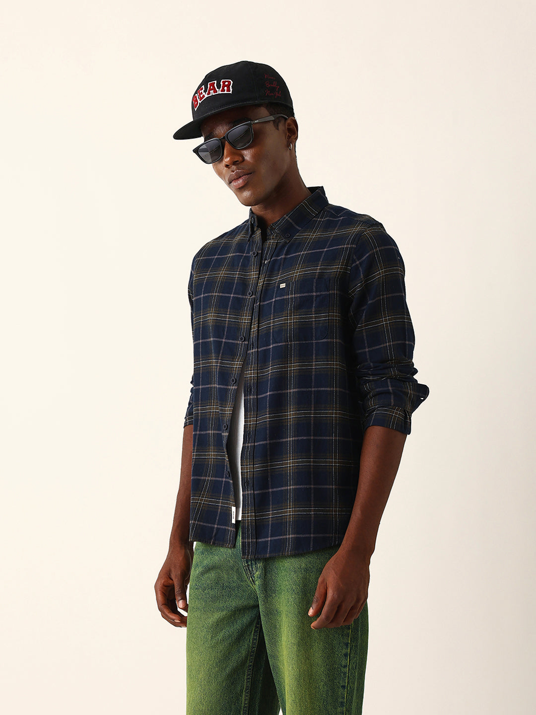 Blue & Mustard Woven Checked Slim Fit Casual Shirt