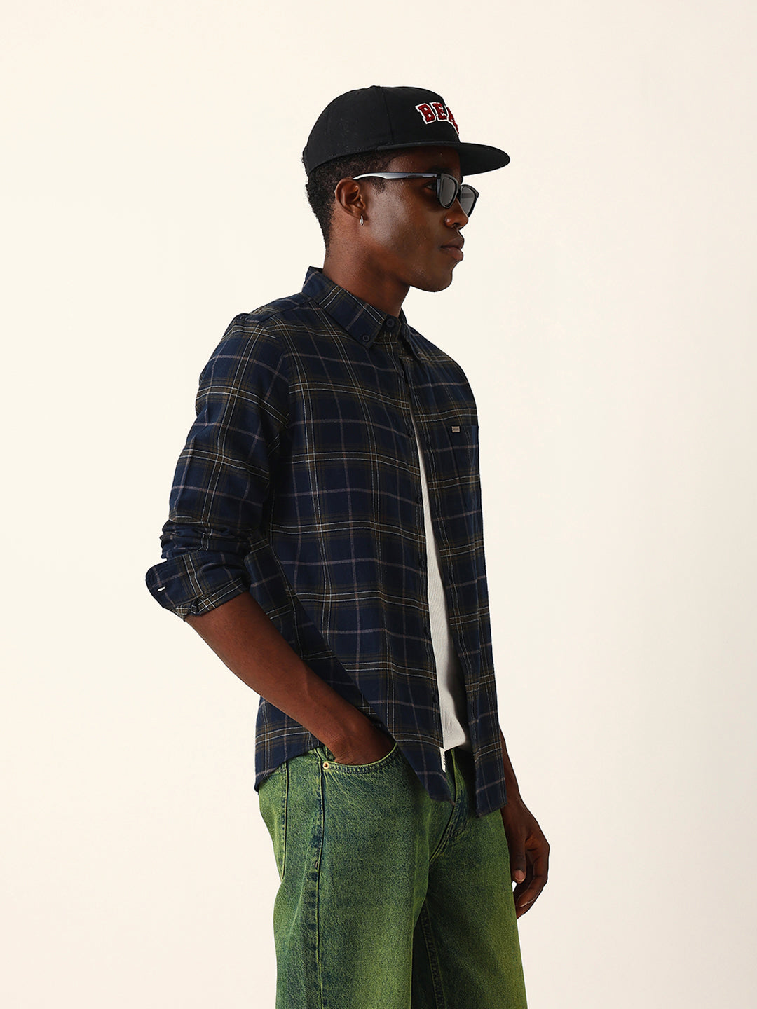 Blue & Mustard Woven Checked Slim Fit Casual Shirt