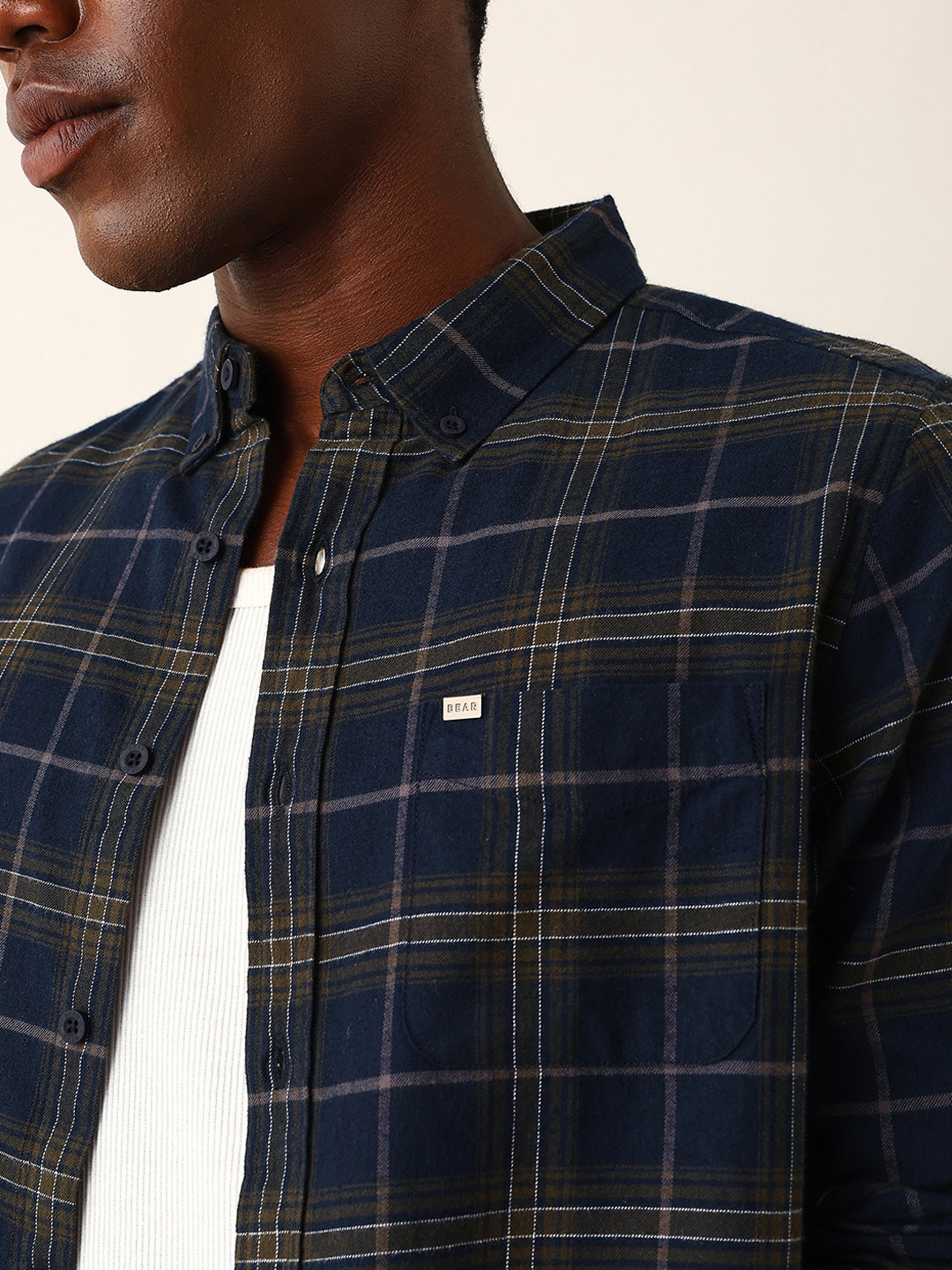 Blue & Mustard Woven Checked Slim Fit Casual Shirt