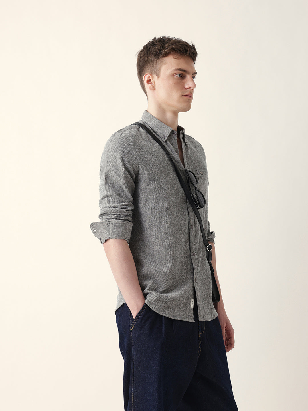 Grey Textured Woven Striped Slim Fit Casual Shirt