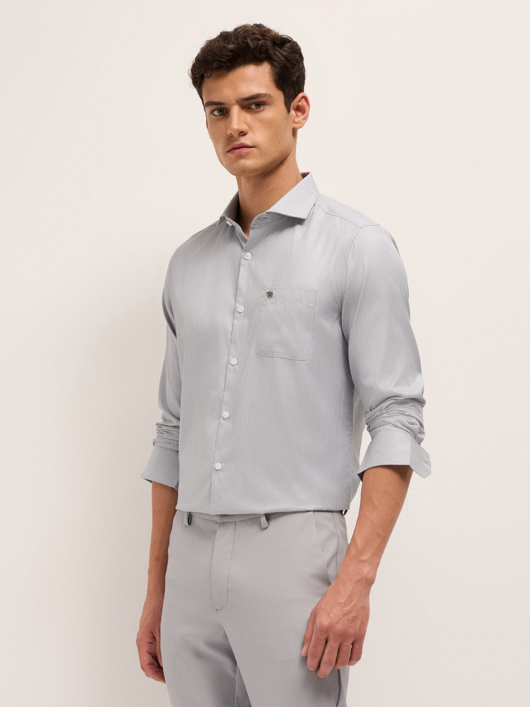 Grey Herringbone Woven Tailored Fit Formal Shirt