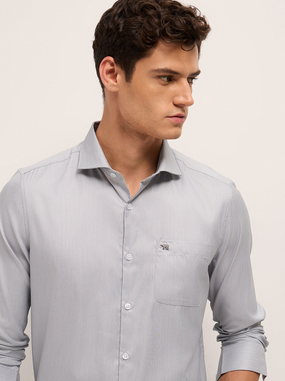 Grey Herringbone Woven Tailored Fit Formal Shirt