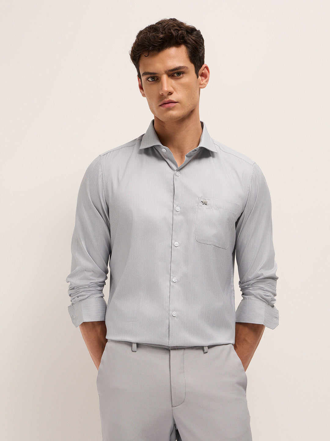 Grey Herringbone Woven Tailored Fit Formal Shirt