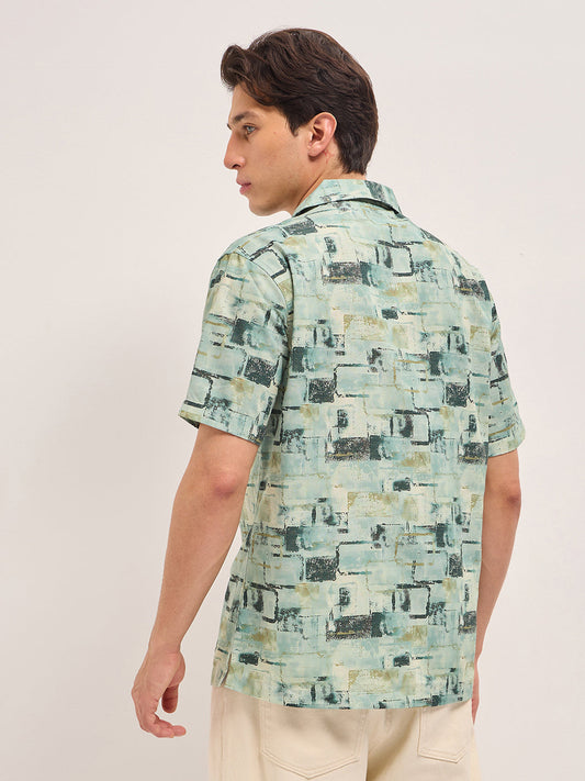 Multicolor Relaxed Fit Cuban Collar Shirt with Brick Geometric Print