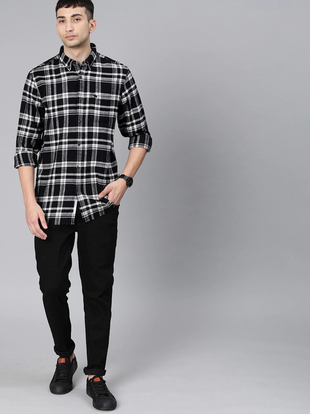 Men Slim Flannel Button-Down Casual Shirt