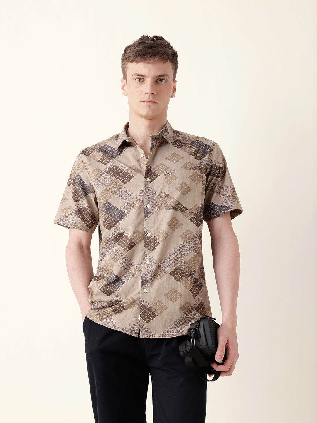 Beige Regular Fit Casual Shirt with Geometric Floral Grid Print