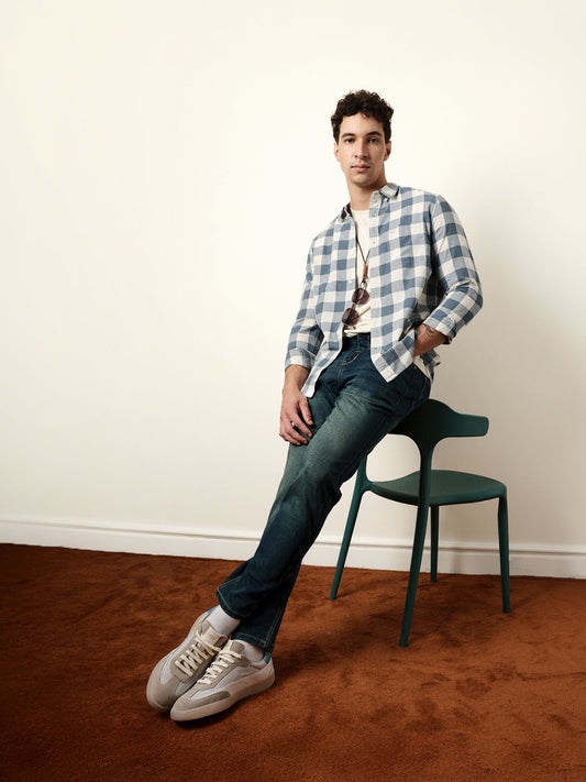 Blue with Cream Woven Checks Slim Fit Casual Shirt