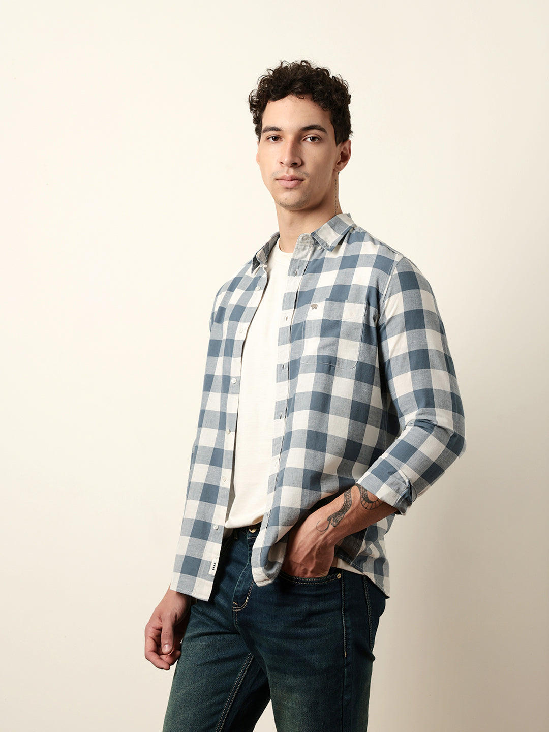 Blue with Cream Woven Checks Slim Fit Casual Shirt