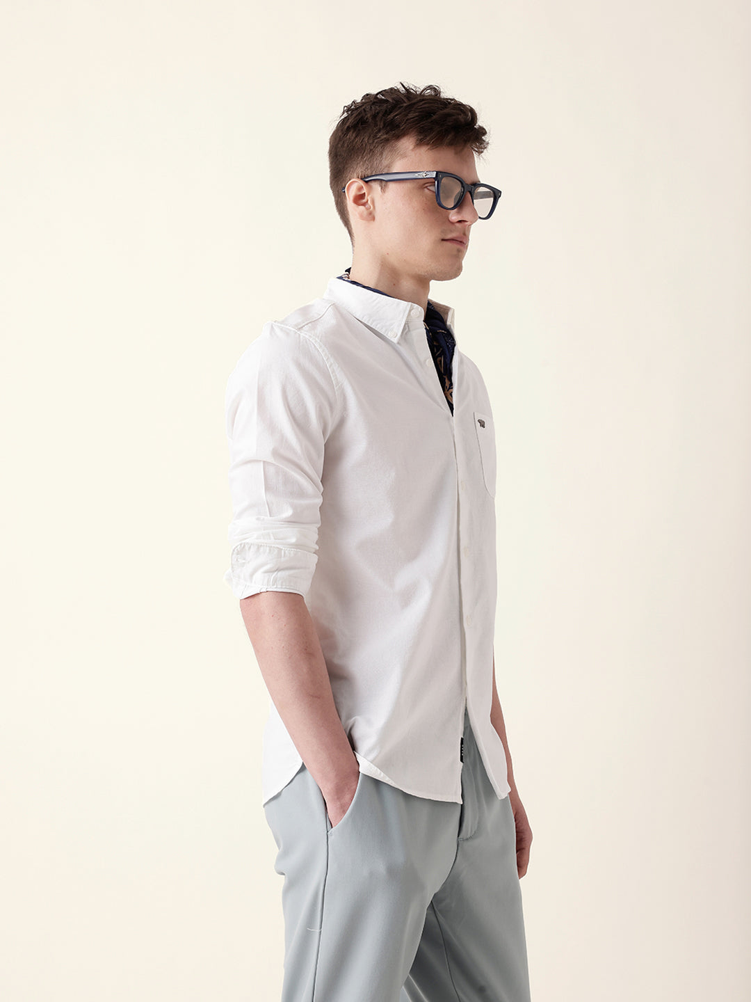 White Solid Slim-Fit Casual Shirt with Button-Down Collar