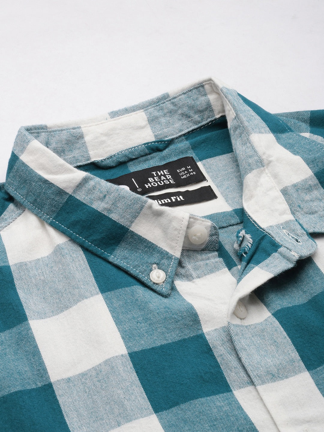 Men Teal Green Cotton Checked Slim Flannel Shirt