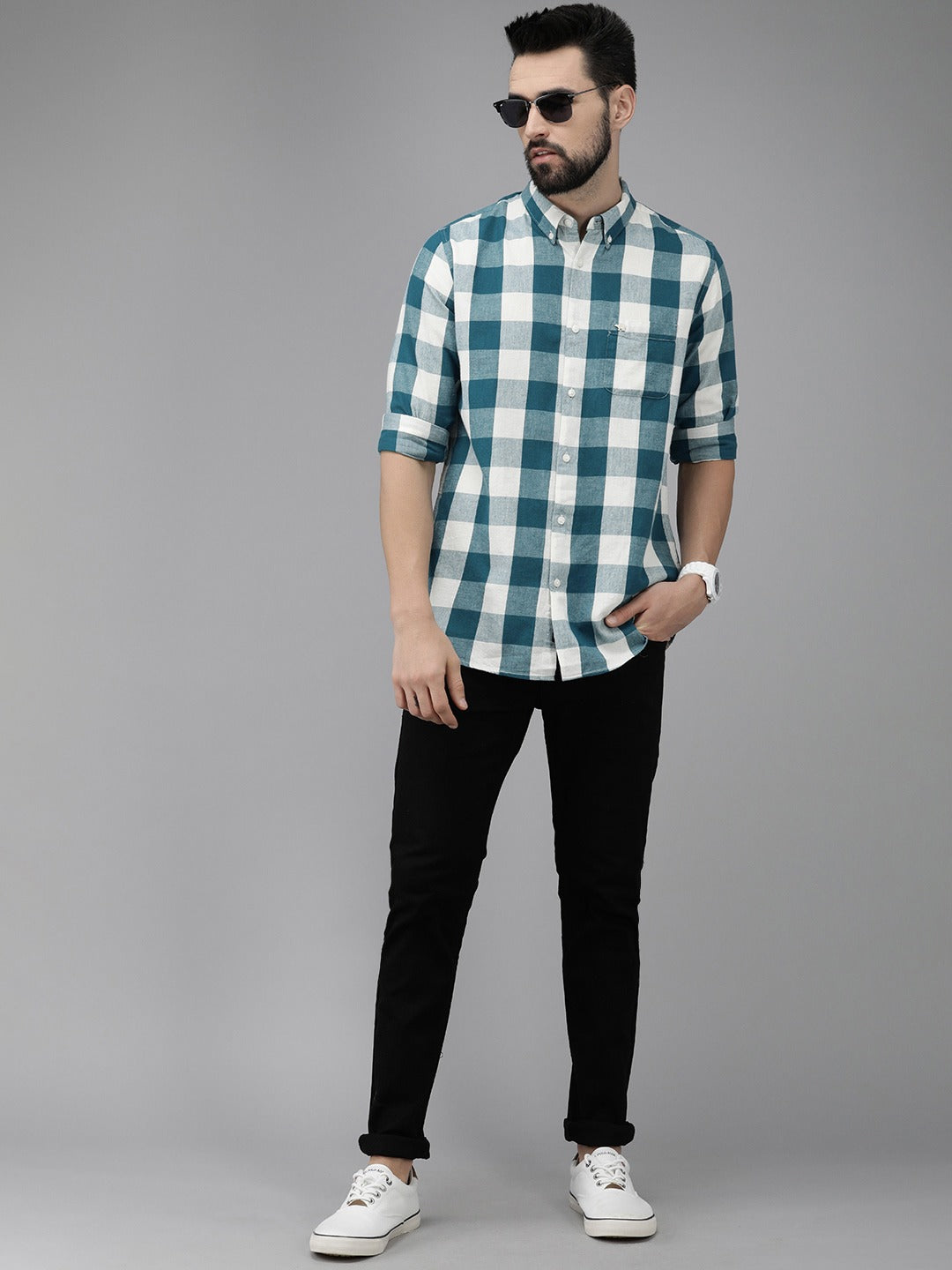 Men Teal Green Cotton Checked Slim Flannel Shirt