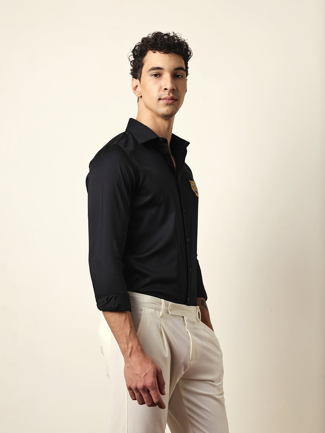 Black Tailored Fit Tiger Embroidery Formal Party Shirt