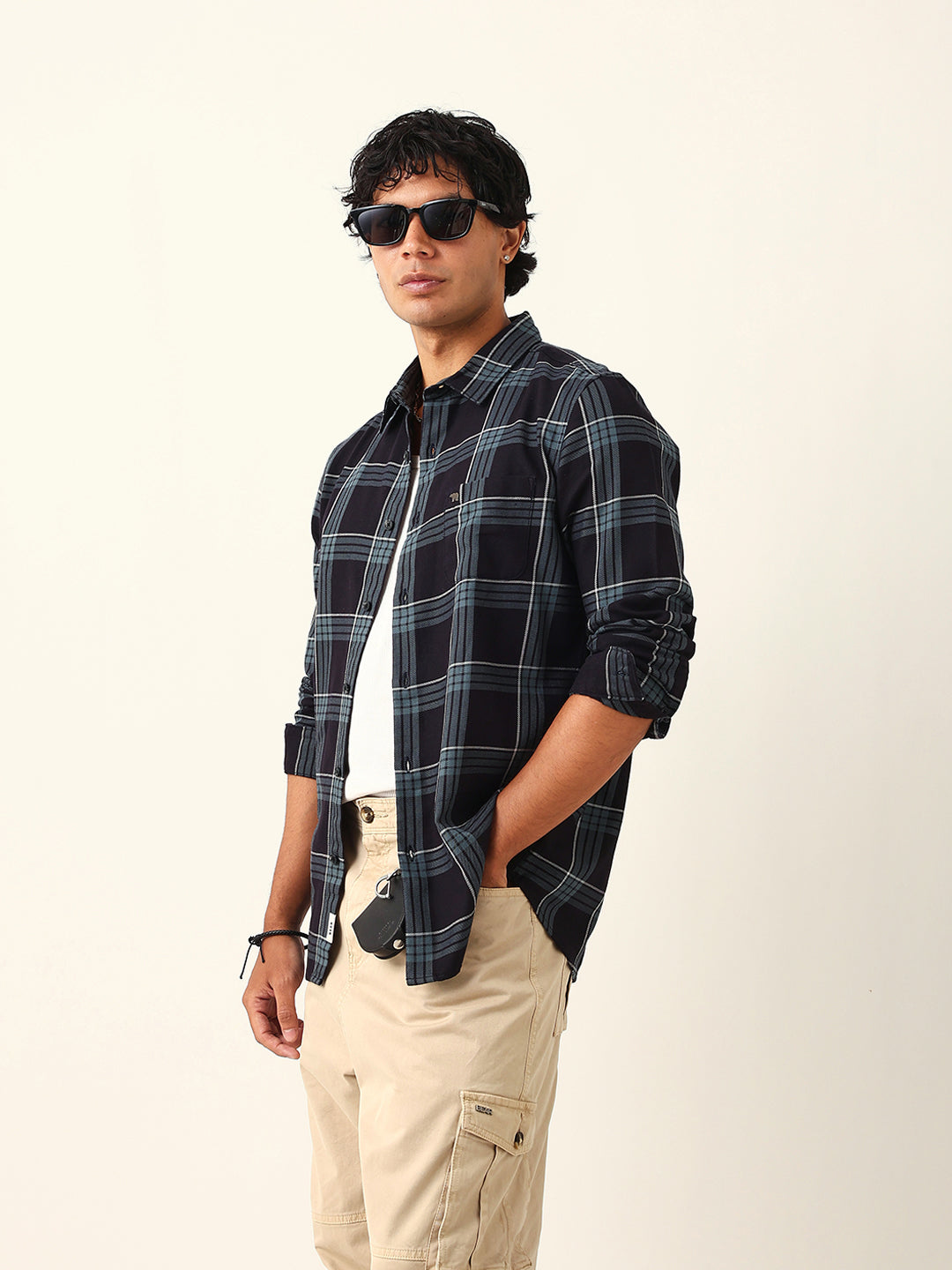 Black Woven Tartan Checked Slim Fit Casual Shirt