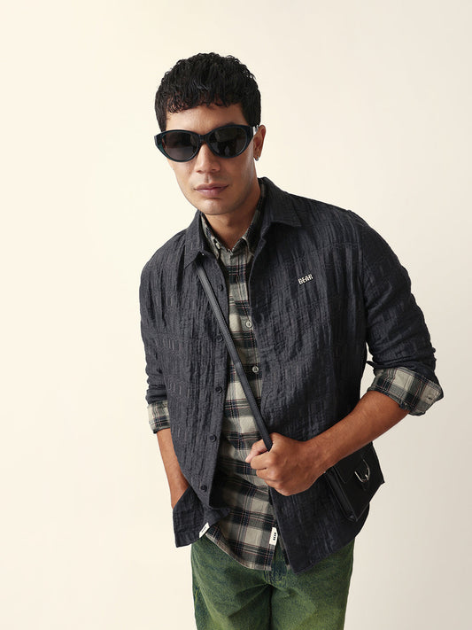 Grey Textured Woven Self-Design Slim Fit Casual Shirt
