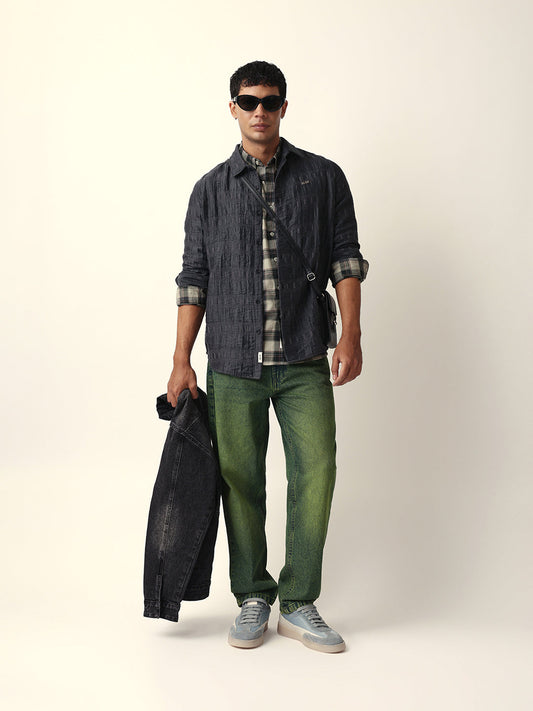 Grey Textured Woven Self-Design Slim Fit Casual Shirt