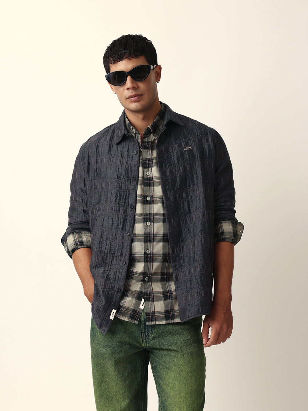 Grey Textured Woven Self-Design Slim Fit Casual Shirt