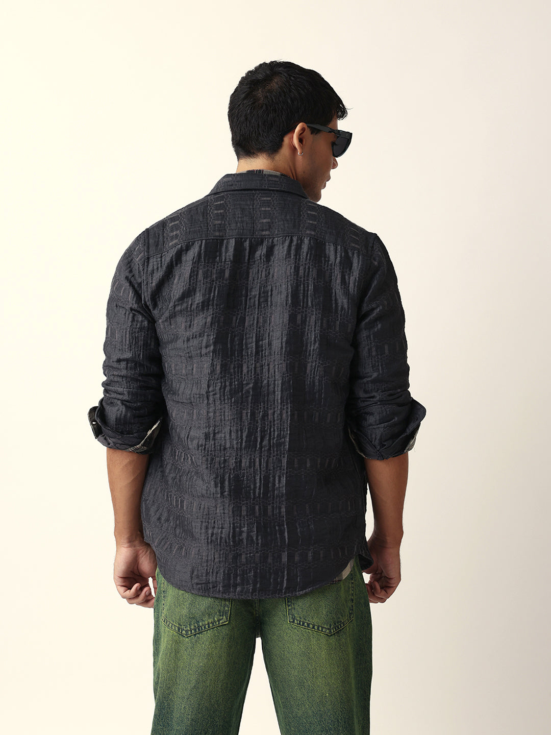 Grey Textured Woven Self-Design Slim Fit Casual Shirt