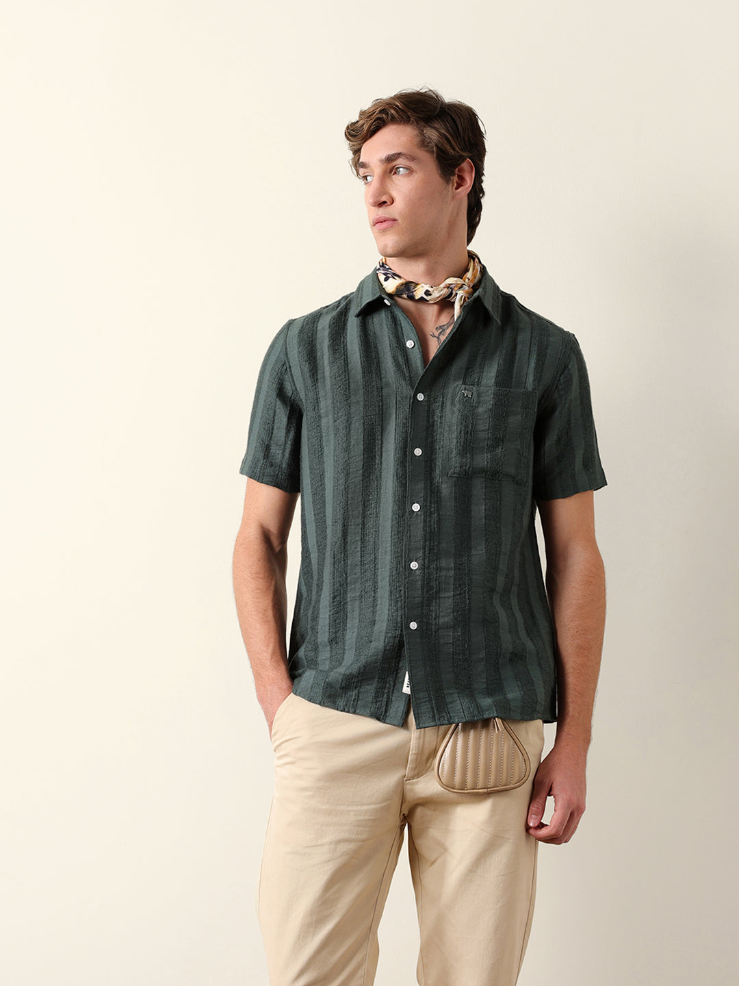 Olive Vertical Stripe Dobby Woven Regular Fit Casual Shirt