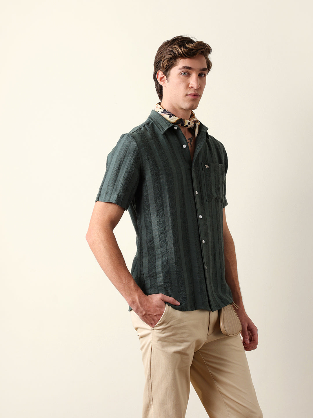 Olive Vertical Stripe Dobby Woven Regular Fit Casual Shirt