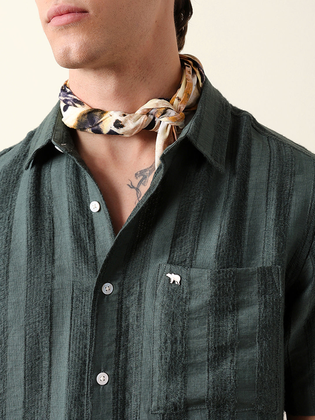 Olive Vertical Stripe Dobby Woven Regular Fit Casual Shirt