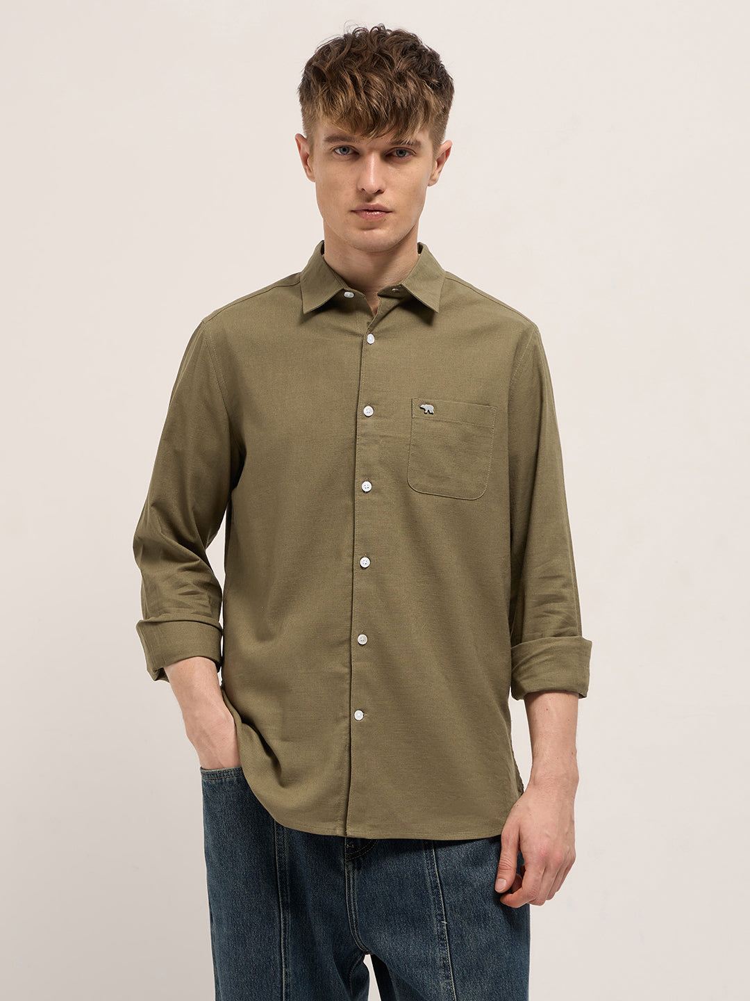 Dark Green Cotton Linen Slim Fit Solid Casual Shirt