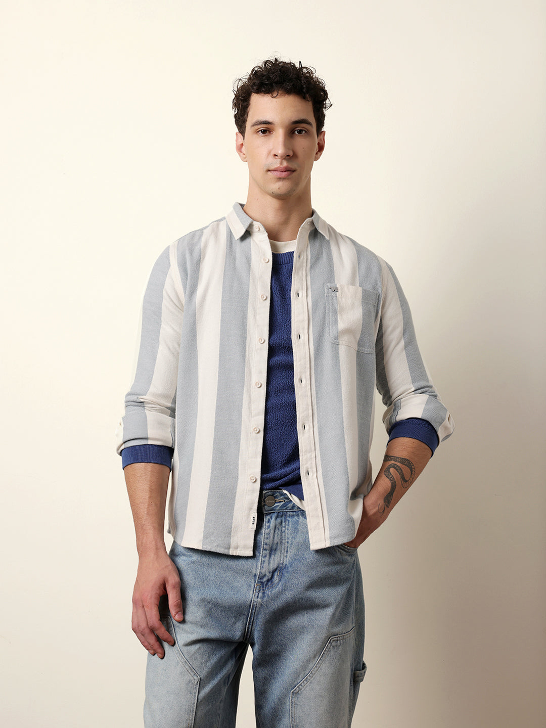 Blue & Cream Woven Striped Flannel Regular Fit Casual Shirt