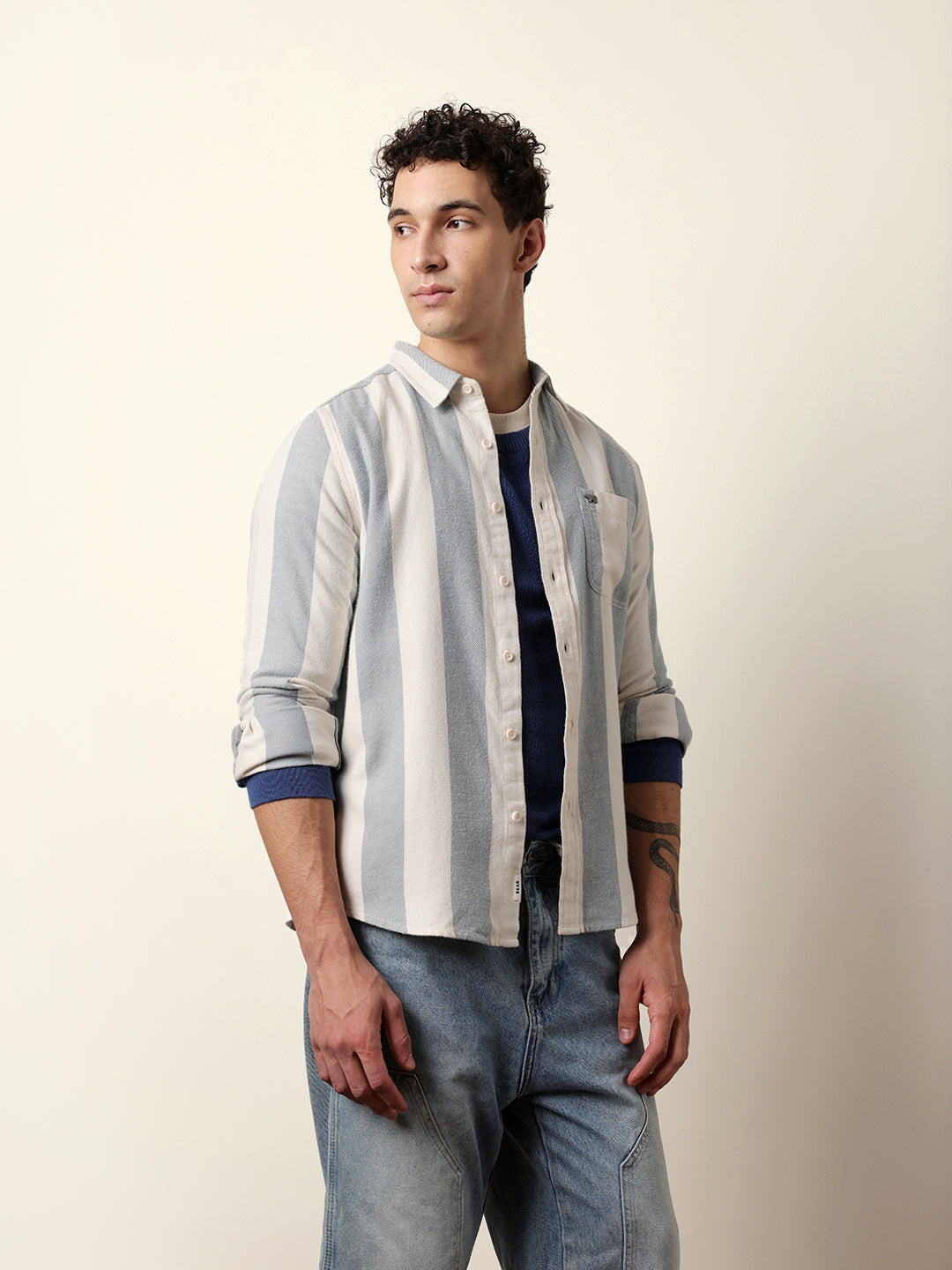 Blue & Cream Woven Striped Flannel Regular Fit Casual Shirt
