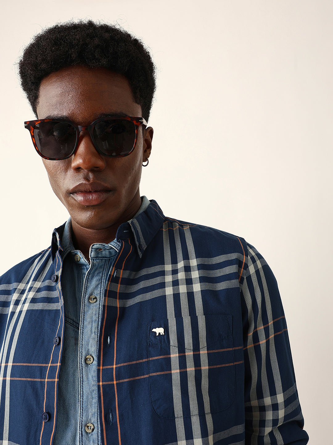 Blue & Beige Windowpane Checked Slim Fit Woven Casual Shirt