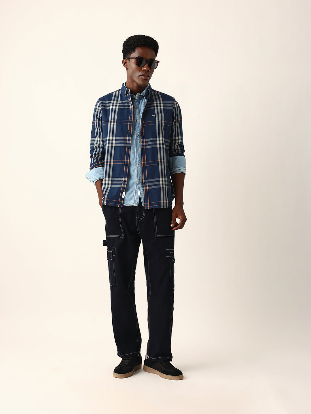 Blue & Beige Windowpane Checked Slim Fit Woven Casual Shirt