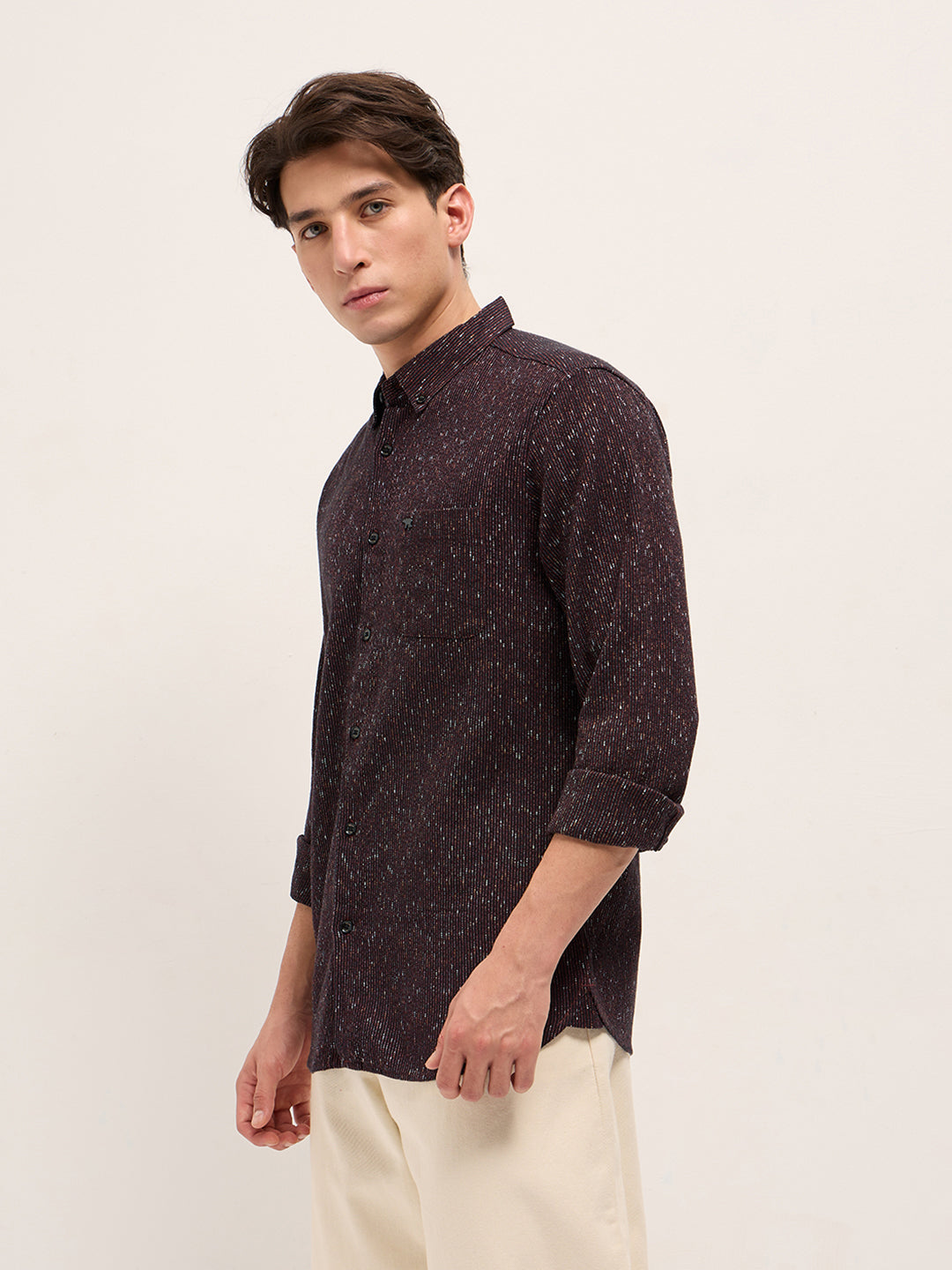 Rust Woven Design Cotton Blend Slim Fit Casual Shirt