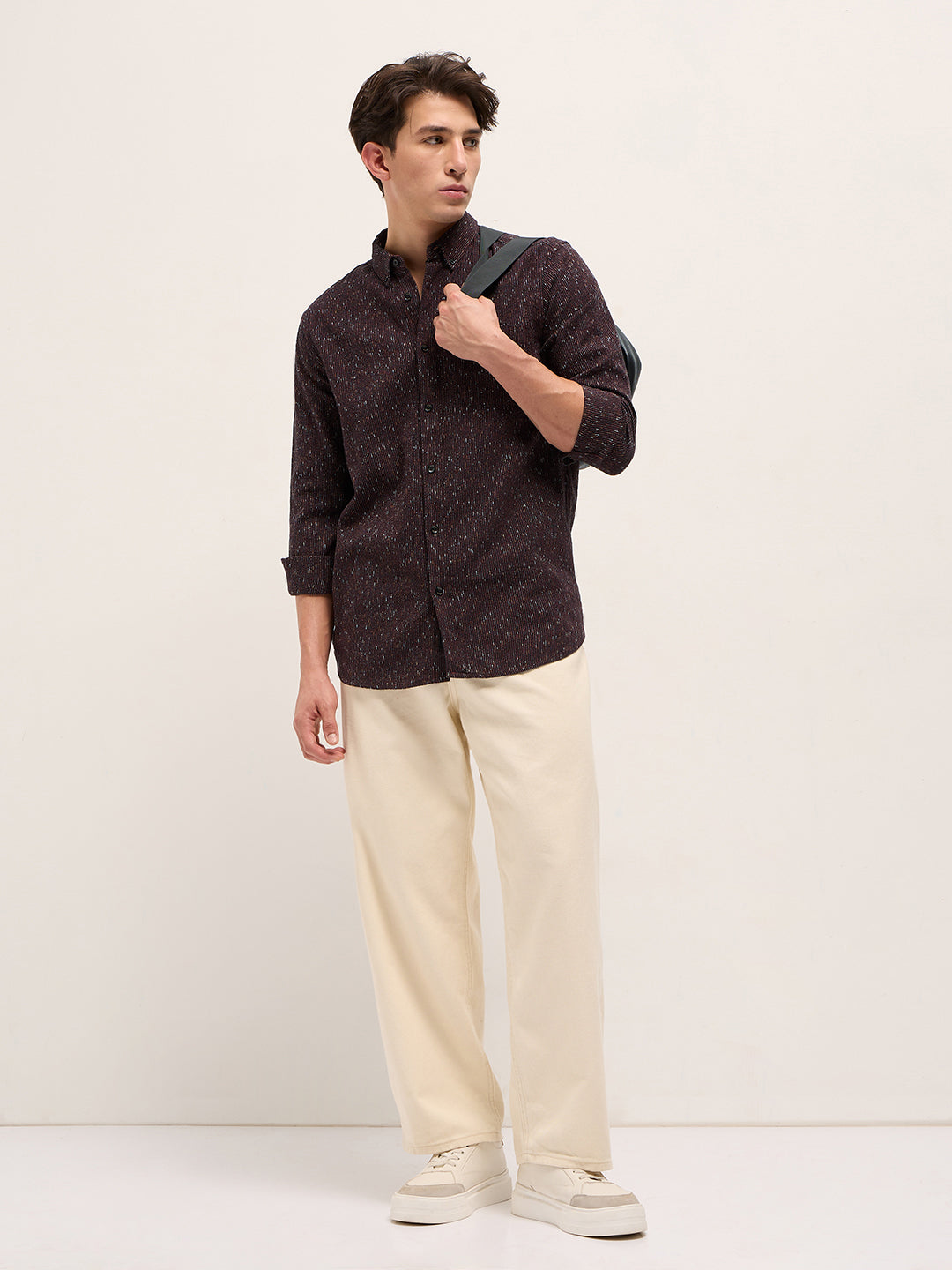 Rust Woven Design Cotton Blend Slim Fit Casual Shirt