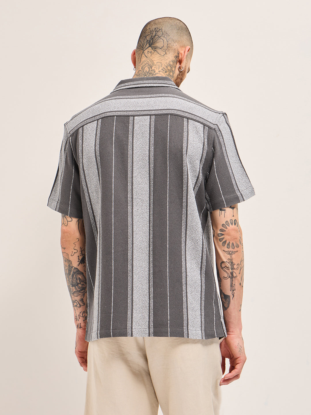 Grey Striped Regular Fit Casual Shirt with Cuban Collar Design