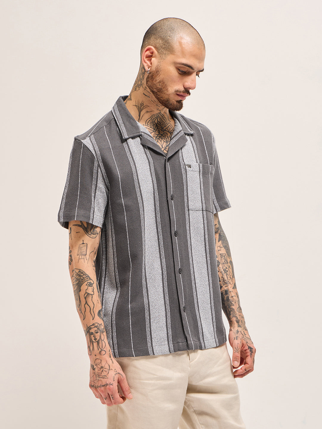 Grey Striped Regular Fit Casual Shirt with Cuban Collar Design