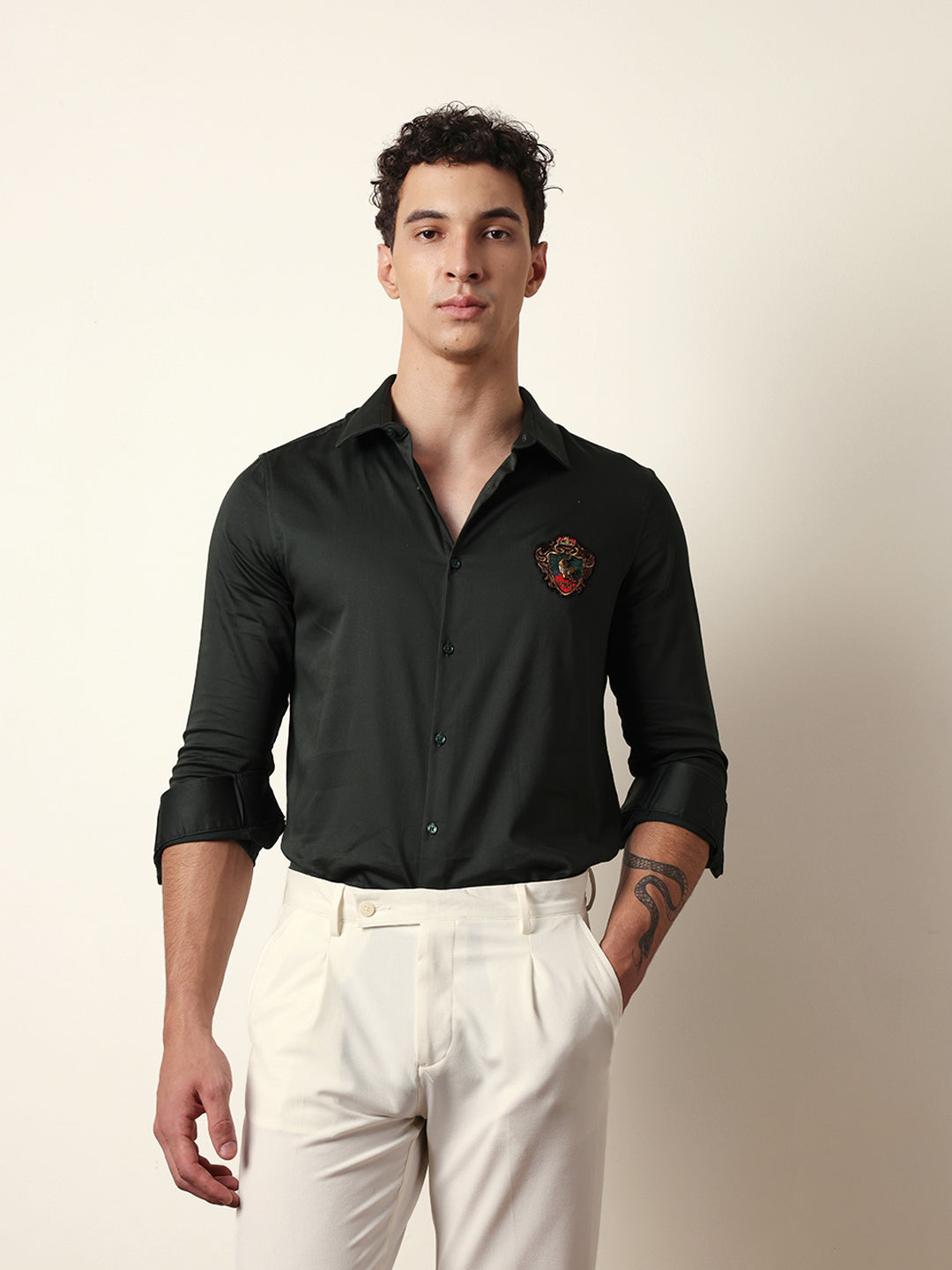 Dark Green Tailored Fit Regal Crest Embroidery Formal Party Shirt