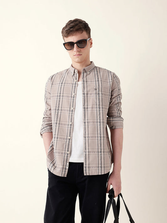 Beige Woven Tartan Checked Slim Fit Casual Shirt