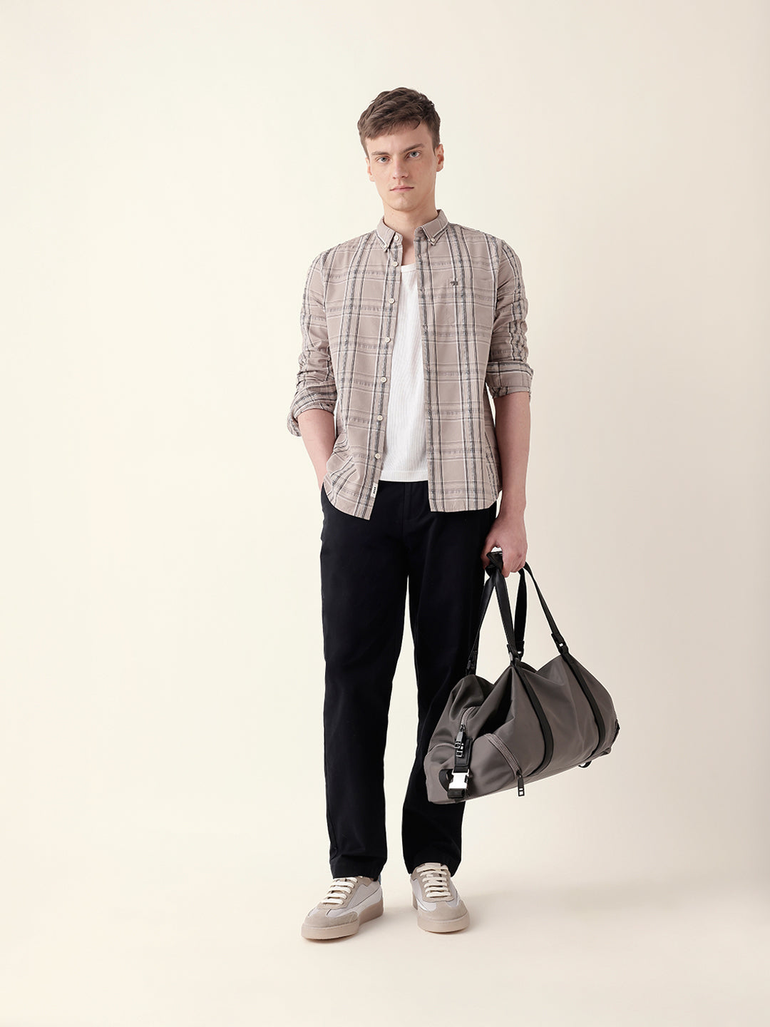 Beige Woven Tartan Checked Slim Fit Casual Shirt