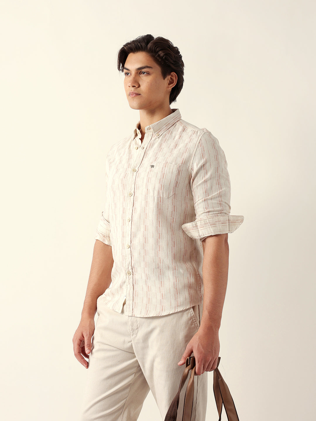 Brown Vertical-Striped Slim Fit Casual Shirt with Subtle Check