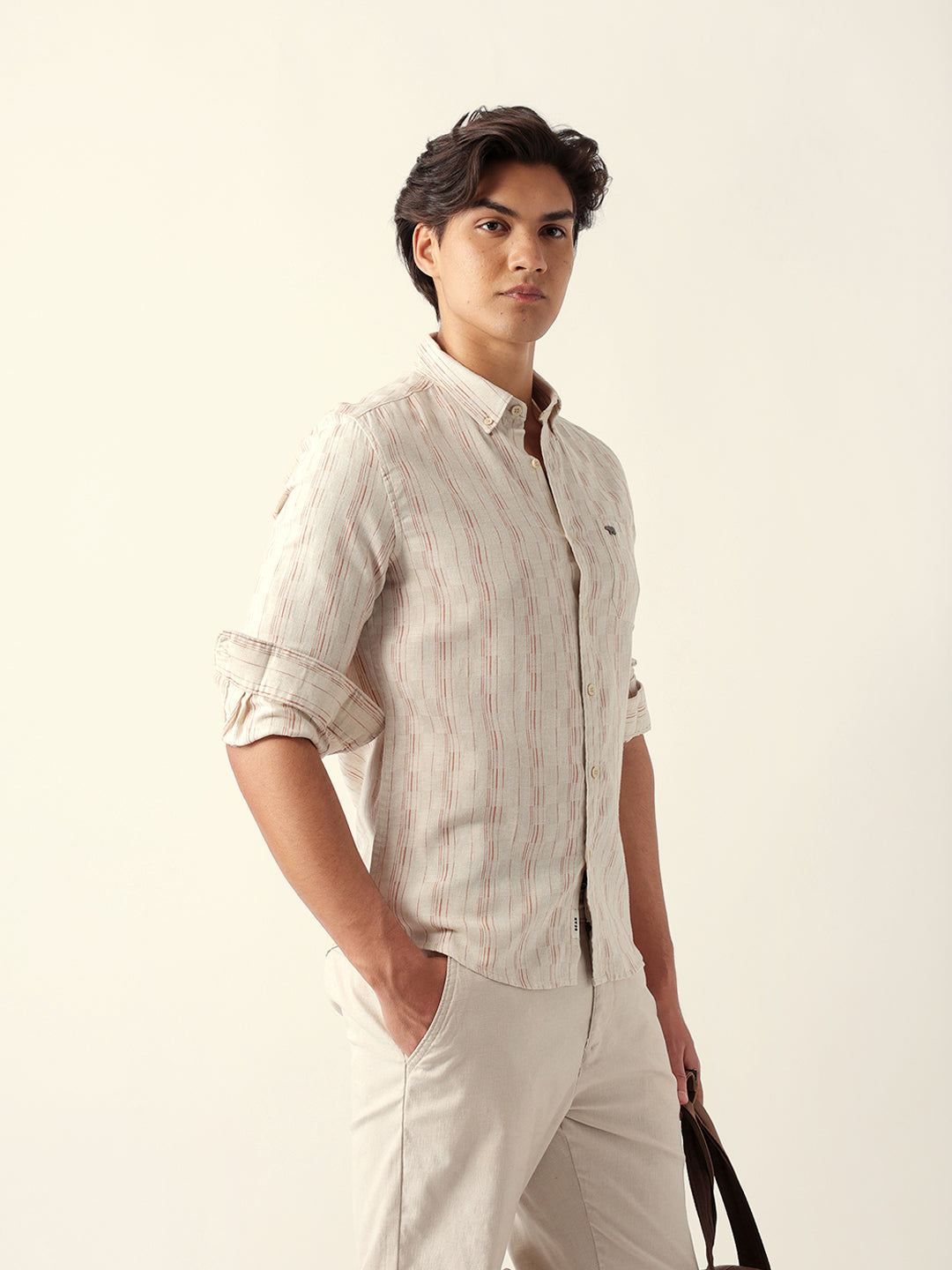 Brown Vertical-Striped Slim Fit Casual Shirt with Subtle Check