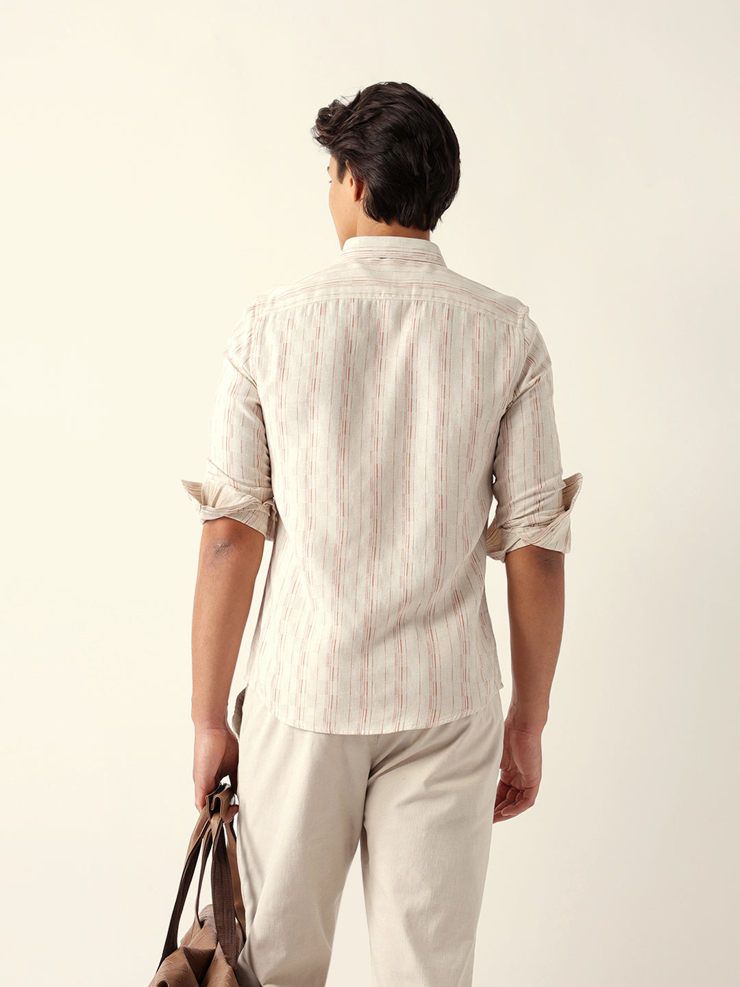 Brown Vertical-Striped Slim Fit Casual Shirt with Subtle Check