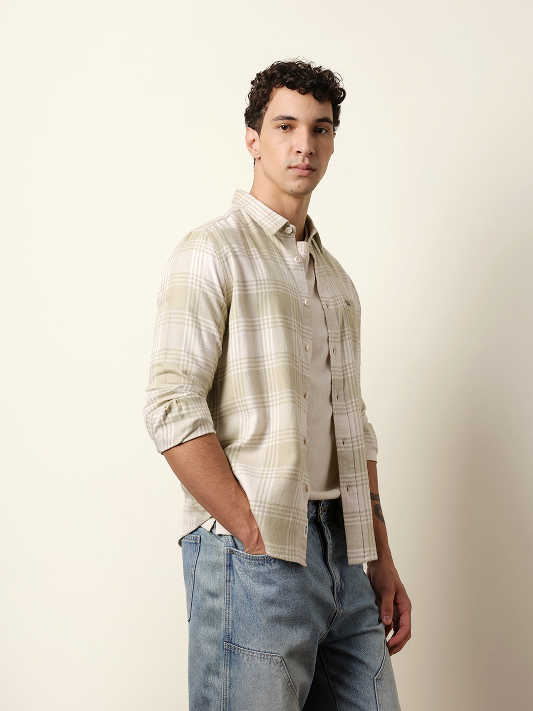 Green & Cream Tartan Check Flannel Regular Fit Casual Shirt