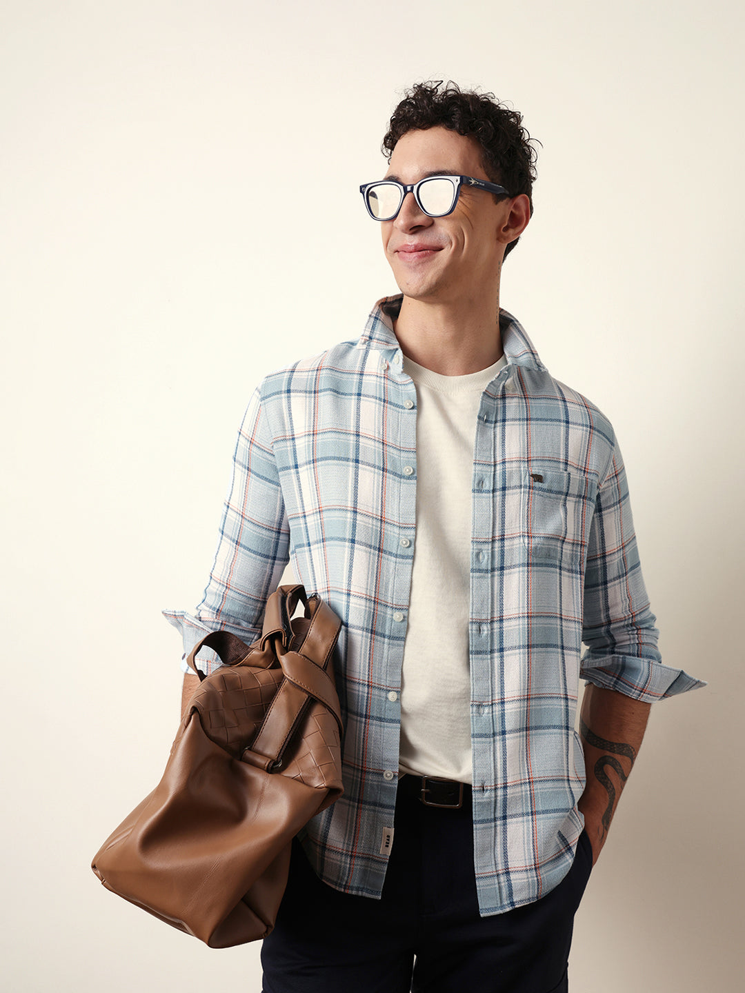 Sky Blue Textured Woven Check Slim Fit Casual Shirt