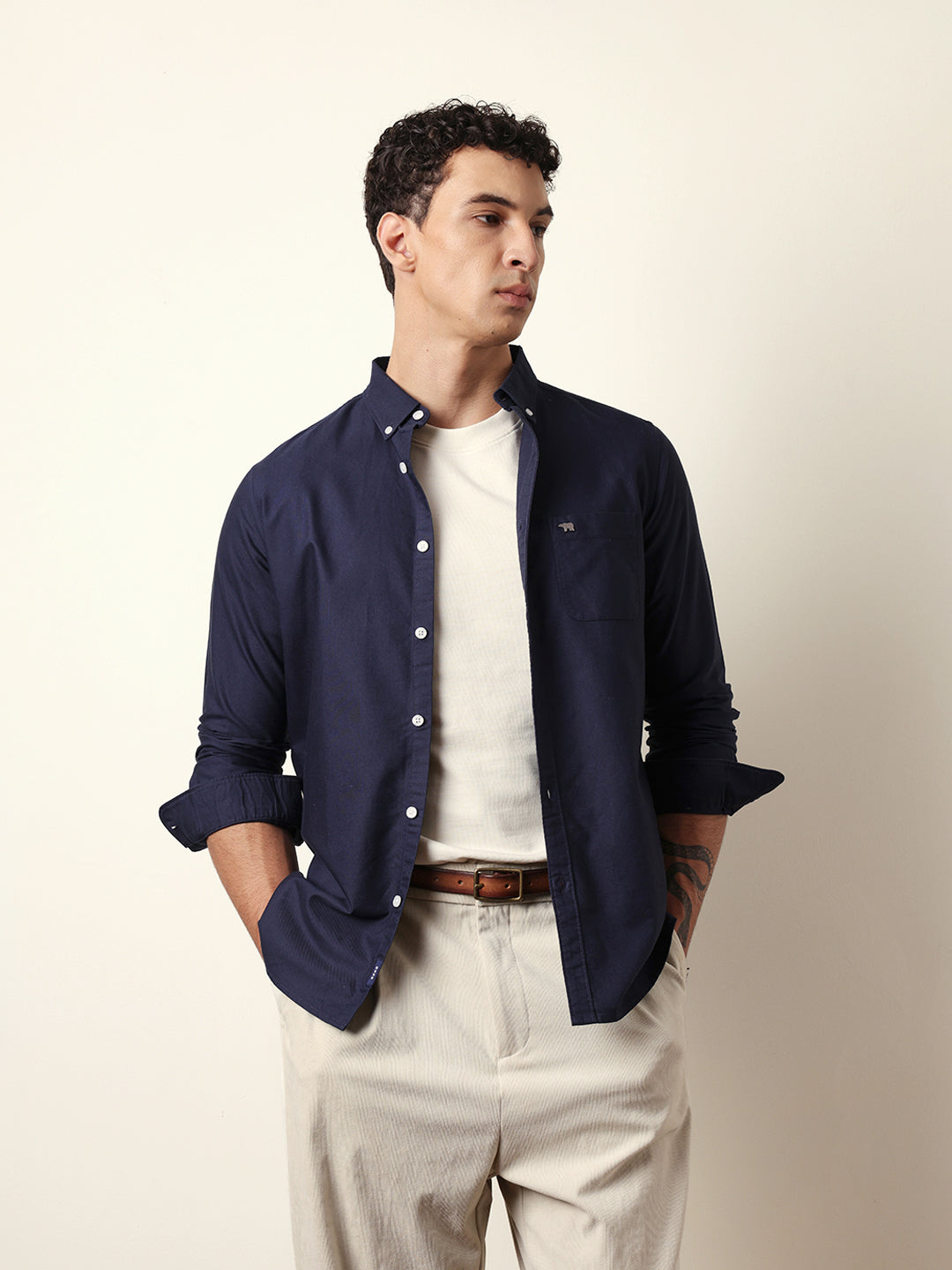 Blue Solid Slim-Fit Casual Shirt with Button-Down Collar