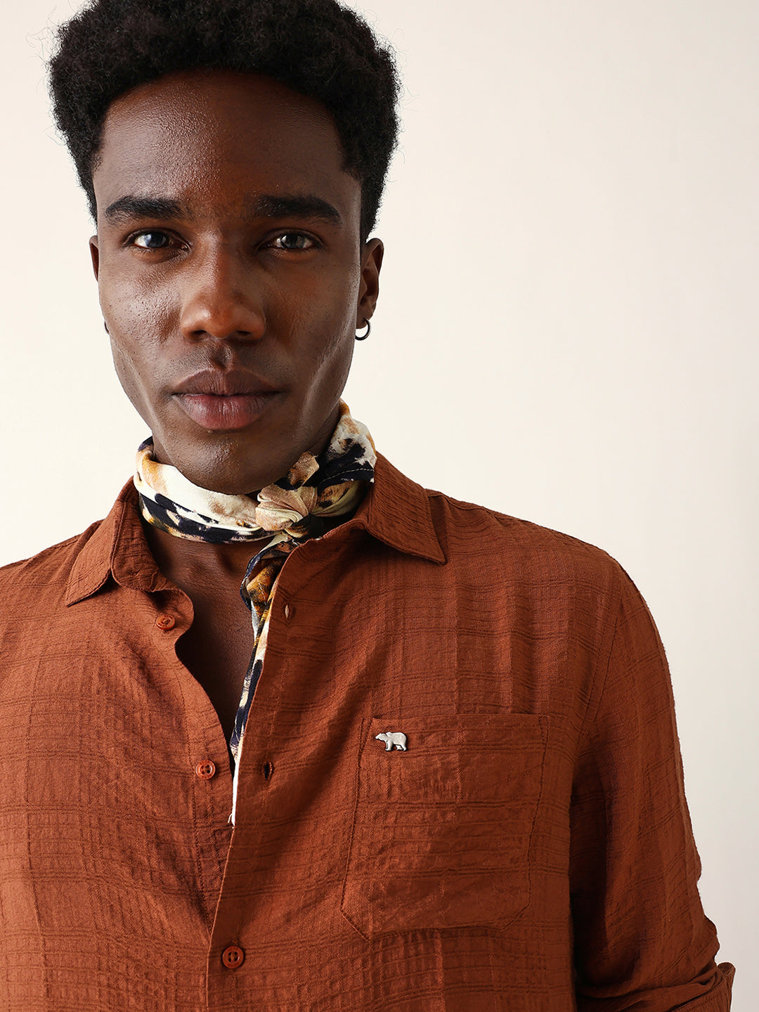 Rust Slim Fit Casual Shirt with Woven Textured Check Design