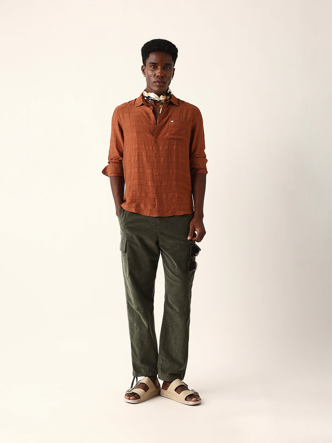 Rust Slim Fit Casual Shirt with Woven Textured Check Design