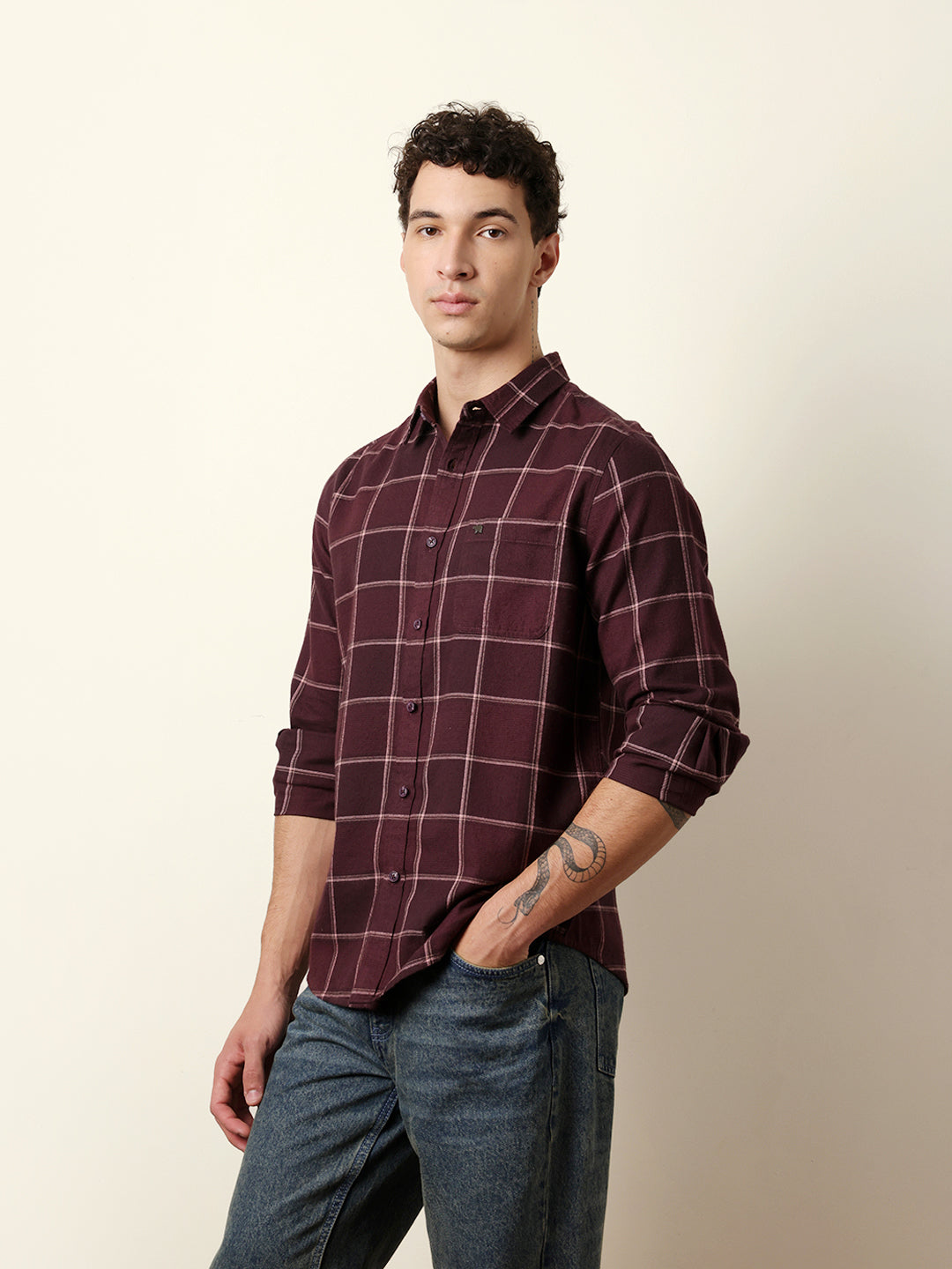 Maroon Checked Flannel Regular Fit Casual Shirt