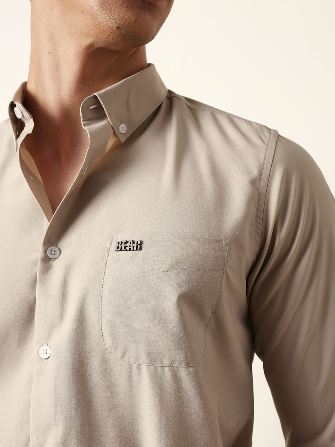 Beige Solid Slim Fit Casual Shirt with a Classic Semi-Formal Look