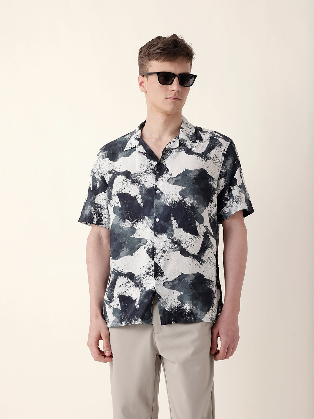 Black & Grey Bold Abstract Paint-Splash Printed Relaxed Fit Short Sleeve Shirt