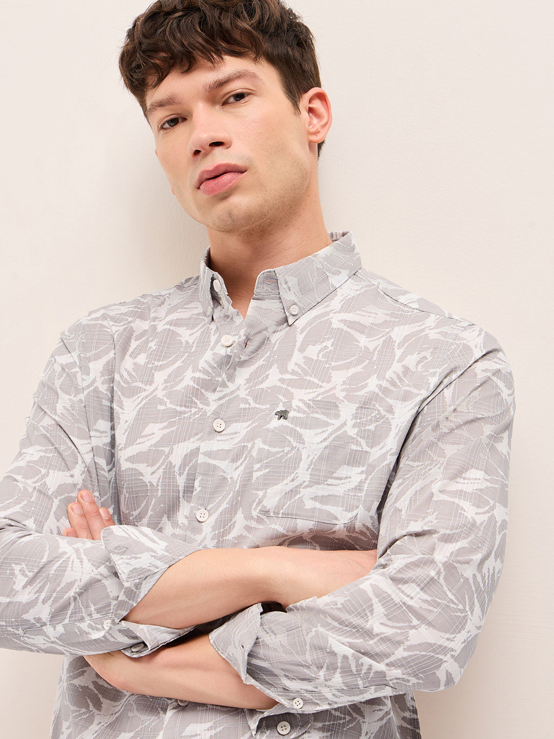 Beige Slim Fit Casual Shirt with All-Over Leaf Motif Print