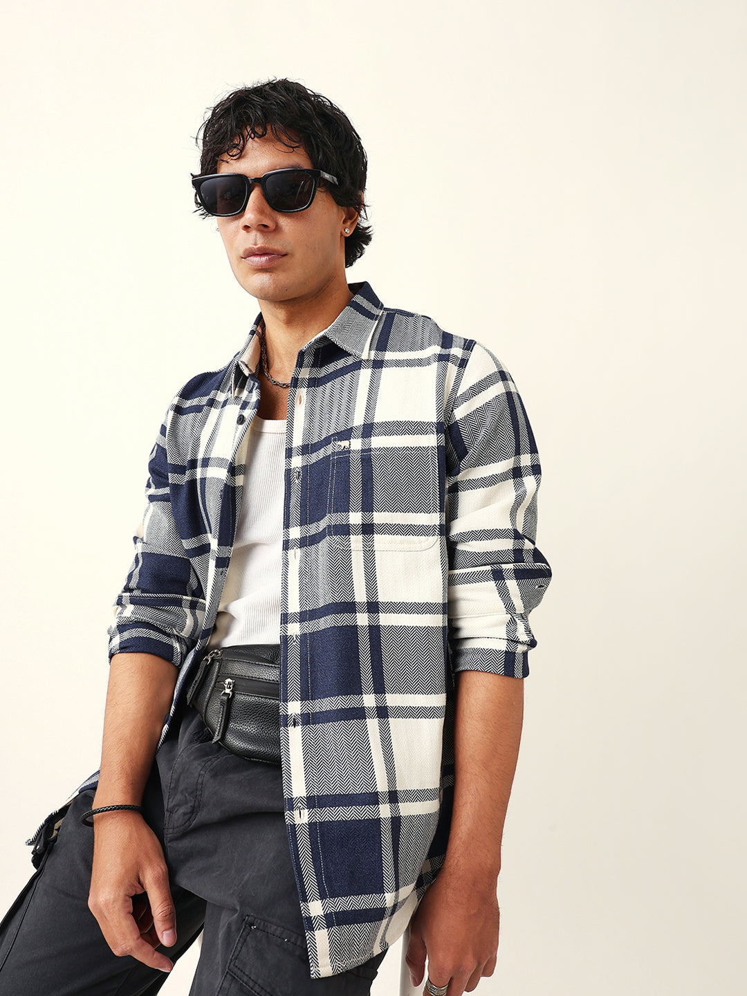 White & Blue Herringbone Flannel Checked Regular Fit Casual Shirt