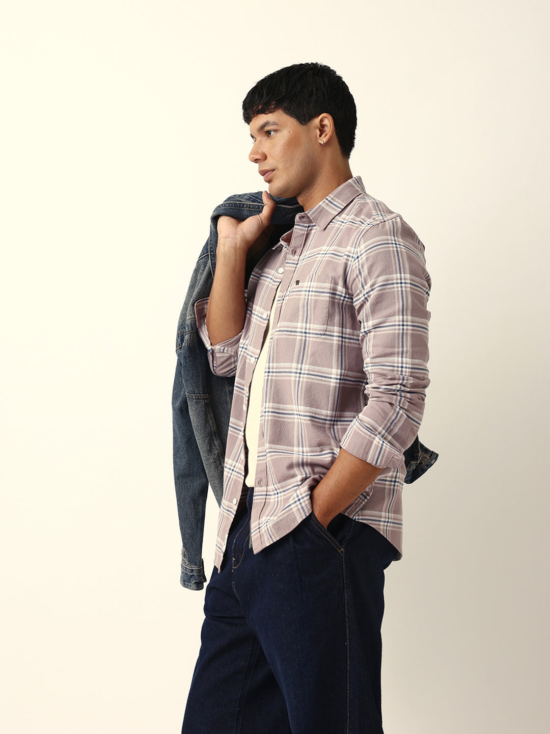Light Brown Woven Tartan Checked Slim Fit Casual Shirt
